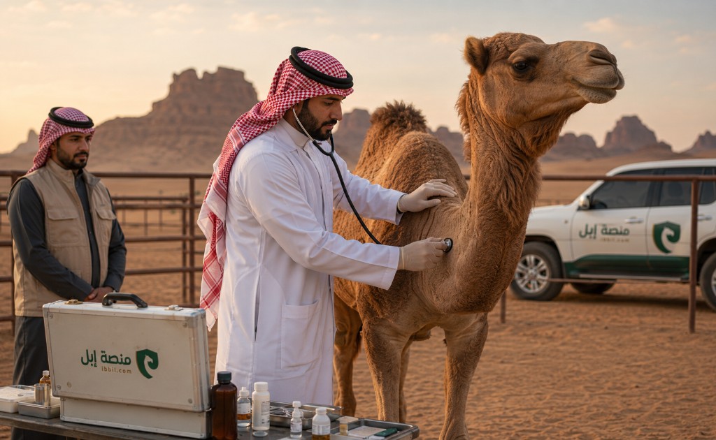 طبيب بيطري يفحص جملاً في موقع ميداني